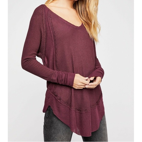 We The Free Tops - We The Free Free People Burgundy Waffle Knit Thermal V-Neck Top Small Bohemian